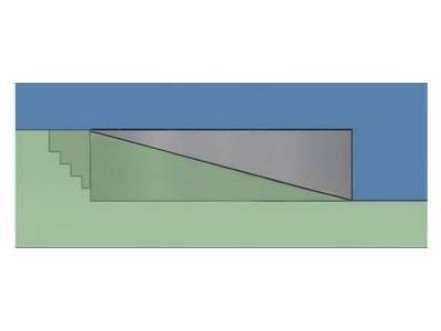 SEMI-INGROUND WITH STEP, GRADUAL, The pool is installed partially inground, on a gradual slope, with one end at grade